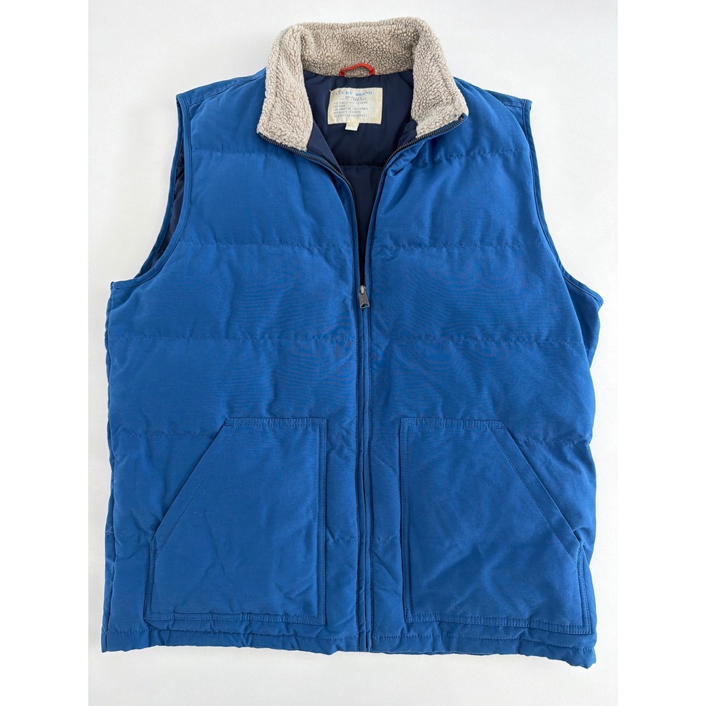 Vintage Lucky Brand Mens Blue Puffer Vest Sherpa Collar Quilted Utility Vest L